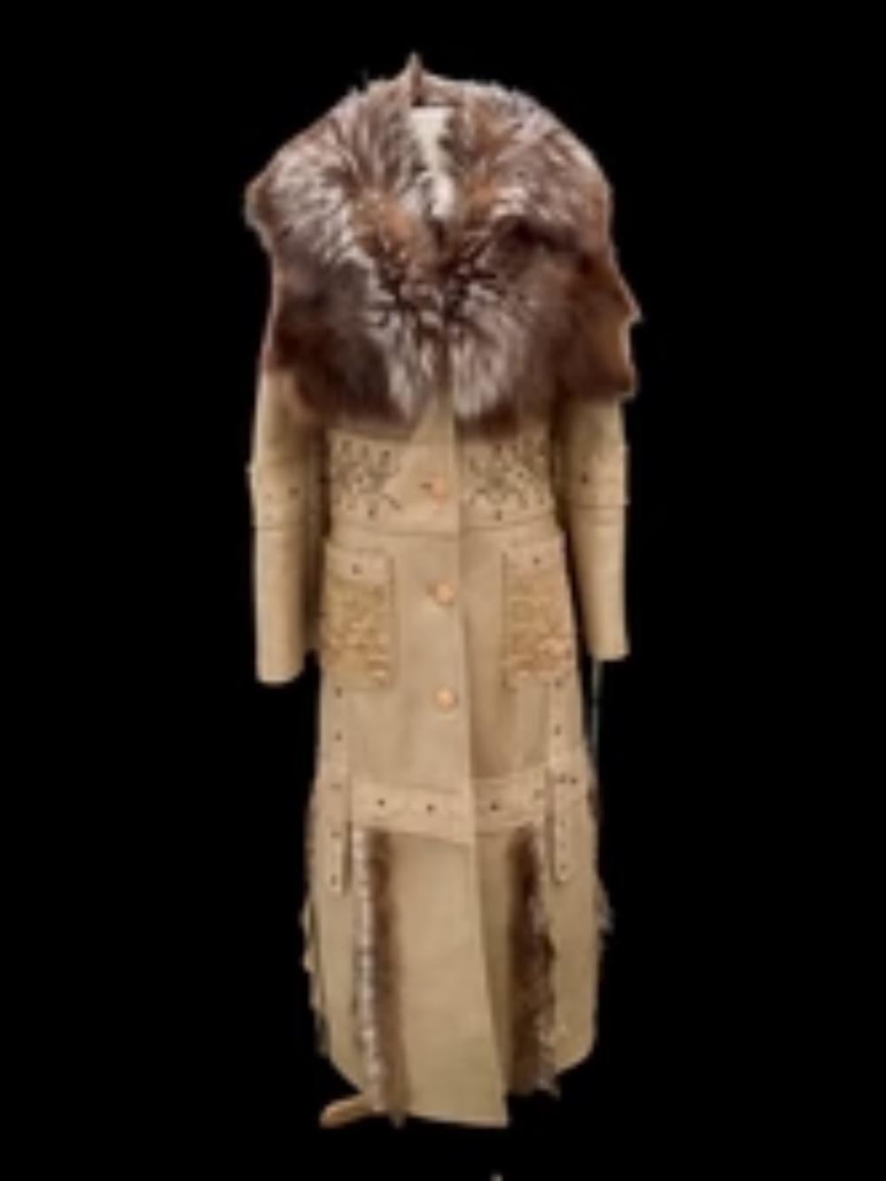 Couture Italian Shearling Lined Leather Fox Fur Studded Metal Coat